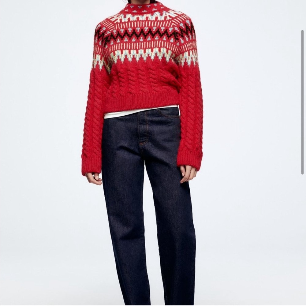 ZARA CABLE KNIT WOOL BLEND JACQUARD SWEATER - Picture 5 of 10